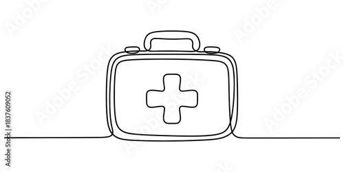 First aid kit icon in continuous line drawing style, medical emergency bag with cross symbol, isolated on continuous one line art of vector illustration