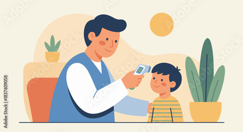 “Flat-style vector of a doctor checking a child’s temperature with a digital thermometer, warm caring atmosphere, simple shapes, minimal details.”