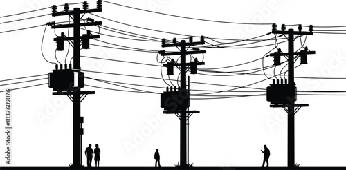 Detailed Urban Electrical Power Grid Silhouette Illustration, Featuring Utility Poles, Transformers, and Complex Overload of Tangled Wires Against a Stark White Background, with Workers Below.