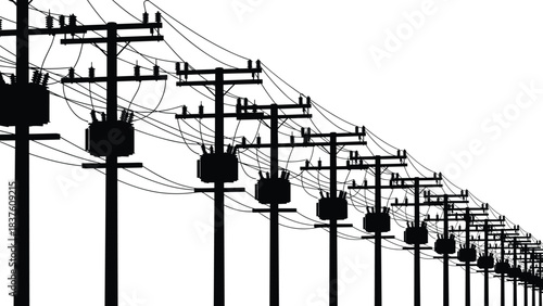Title: Electric power poles and wires receding into the distance, black silhouette vector illustration against a white background, symbolizing energy, infrastructure,
