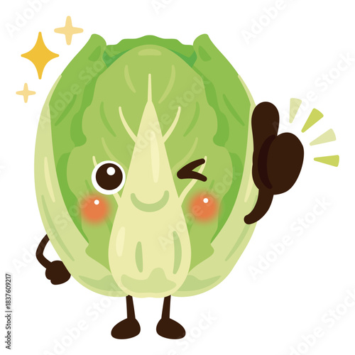 グッドサインを出す白菜のキャラクターイラスト／Cute Chinese Cabbage Character Illustration Giving a Thumbs-Up
