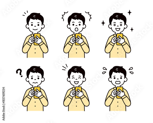 スマートフォンを操作する、いろいろな表情の若い男性・会社員のベクターイラスト素材セット