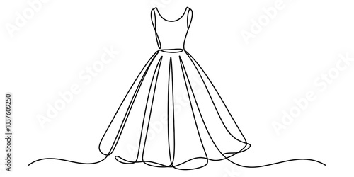 Elegant continuous line drawing of a vintage style ball gown or wedding dress, isolated on continuous one line art of vector illustration