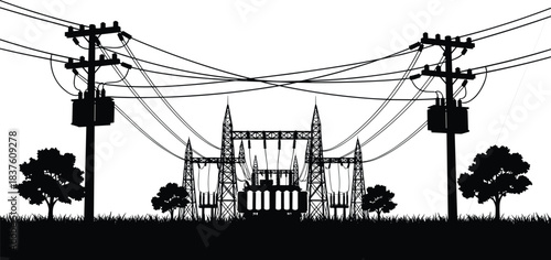 Electric power transmission and distribution silhouette concept, high voltage overhead lines carrying electricity from large substation transformer, power grid infrastructure against sky background