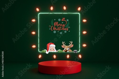 3D red round product podium and luminous square frame with fairy lights on green background.