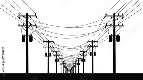 Electric utility poles stretching into the distance with multiple power lines creating a sense of depth perspective, showcasing essential infrastructure for power transmission against 