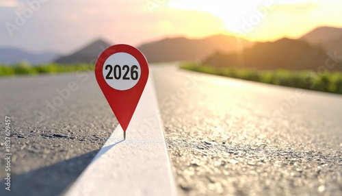 A hopeful road map to 2026, marking a significant milestone on a sun-kissed road, symbolizing goals and progress. 