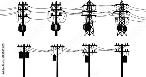 Electrical power grid system elements: high-voltage transmission towers, industrial utility poles, and distribution line transformers silhouette set, energy infrastructure vector 