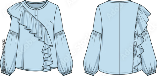 Feminine Light Blue Ruffled Blouse Fashion Illustration Front Back View Long Sleeve Button Up Shirt Top Garment Detail Flat Sketch Drawing Technical Template Vector Design