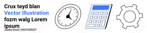 Clock, calculator, and gear emphasizing time, calculation, and engineering. Ideal for productivity, workflow optimization, business strategy, financial planning technology management concepts