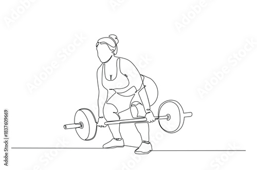 Continuous One Line Drawing of Curvy Girl Lifting Weights in the Gym. Single-line art illustration woman doing exercises with a barbel.