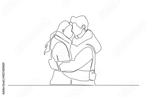 Continuous one line drawing of romantic couple Hugging. single-line art illustration depicting an young couple sharing a loving, comforting embrace. Editable vector.
