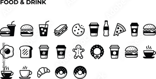 Flat Icon Set Delicious Fast Food Restaurant Cafe Beverages Coffee Doughnut Cookie Breakfast Bakery Drink Wreath Gingerbread Christmas Season Celebration Stock Vector