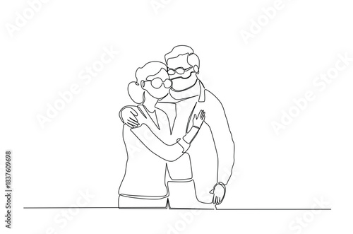 Continuous one line drawing of elderly couple Hugging. single-line art illustration depicting an elderly couple sharing a loving, comforting embrace. Editable vector.