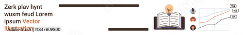Education, data analysis, knowledge sharing, training, growth trends, business development. Open book with light bulb symbol and chart with profiles and statistics. Education and data analysis