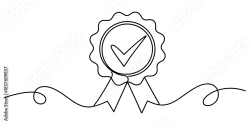 Hand drawn continuous line art of a quality assurance award ribbon with a checkmark, isolated on continuous one line art of vector illustration