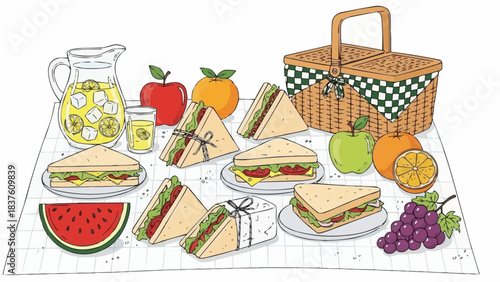 Delicious Picnic Spread with Sandwiches Fruits and Refreshing Drinks.