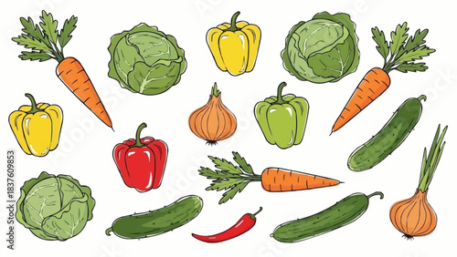 Colorful Assortment of Freshly Harvested Vegetables on a White Background.