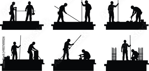 Hardworking construction workers silhouettes on foundation site preparing concrete and rebar for urban development project, illustrating teamwork, safety, and physical labor in the building industry.