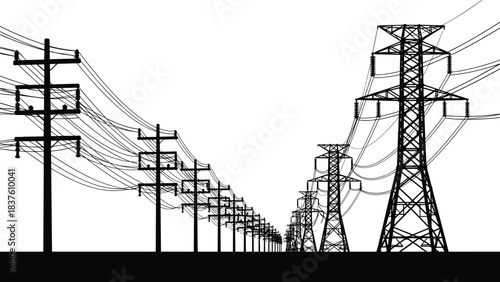 High voltage electric power transmission lines and towers silhouette against white background, showcasing critical energy infrastructure, electricity grid, and utility 