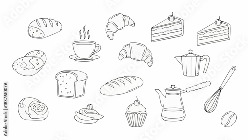 Collection of Hand Drawn Bakery Items and Coffee Making Tools.
