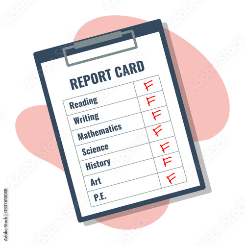 online school report card with F grades, subjects list in clipboard, education bad result, flat style illustration