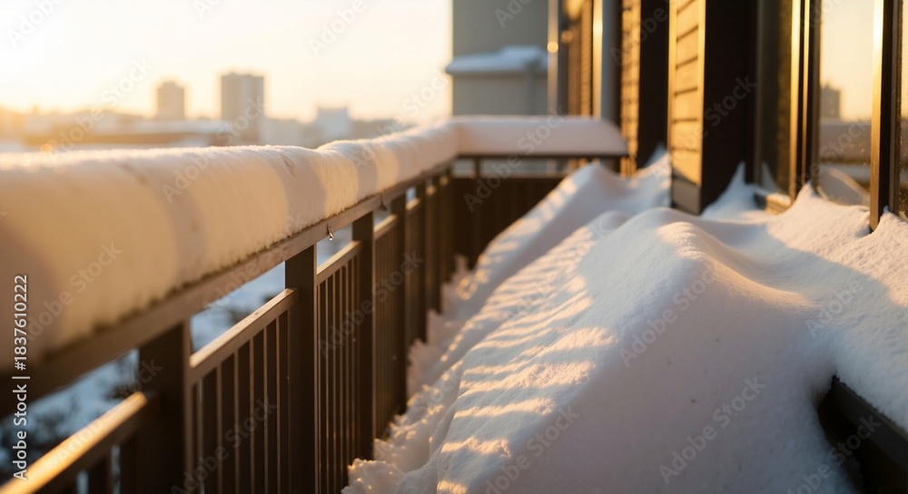 Fototapeta premium Thick snow covering a balcony during a golden hour sunrise. Cold winter weather in a city with a blurred background