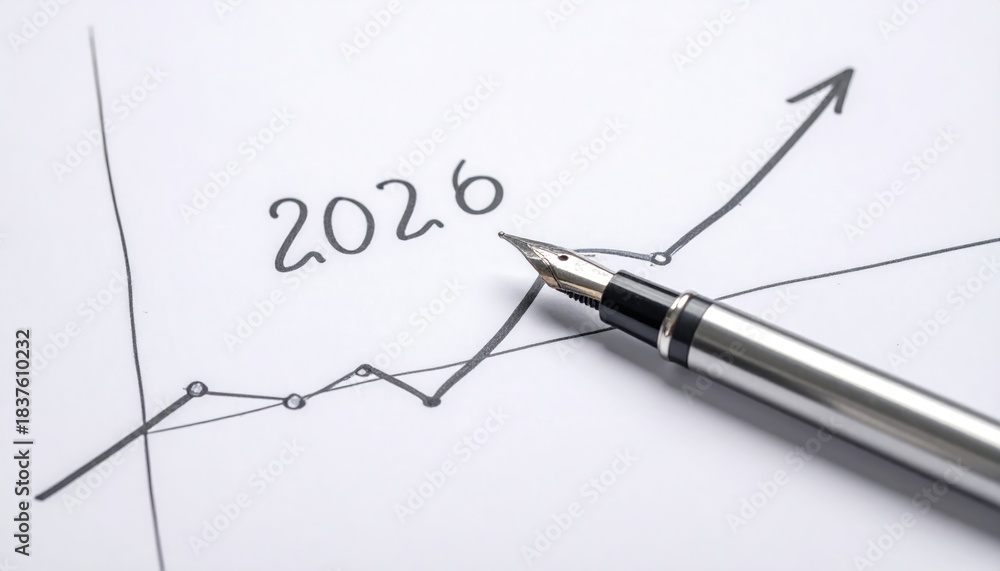 Fototapeta premium A pen traces a upward trend line to show year 2026, it symbolizes growth and planning.