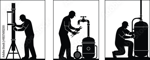 Industrial Worker Silhouette Collection: Water Drilling, Plumbing, and Heavy Equipment Maintenance Vector Illustration Set, depicting Professional Technical Service and Installation Jobs, Isolated 