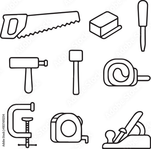 Mini Woodworking Tools Line Art Icon Set.eps