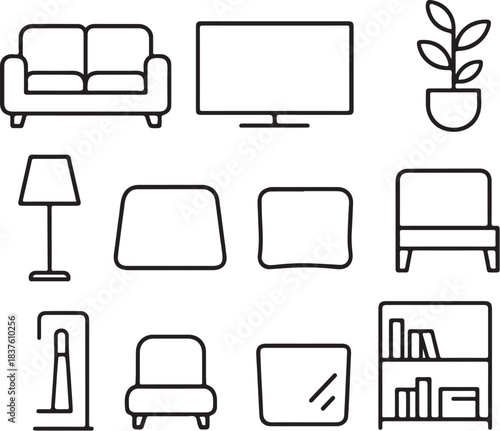 Living Room Essentials Line Art Icon Set.eps