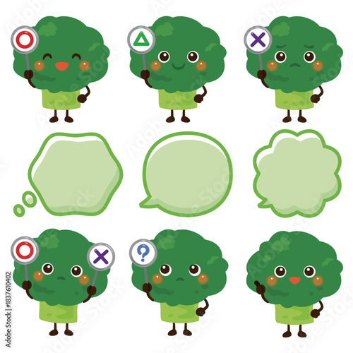 ○×△の札を持ったブロッコリーのキャラクター／Cute Broccoli Character Illustration Holding O, X, and Triangle Signs