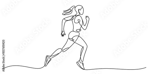 Continuous one line drawing of a female runner in motion, athletic woman jogging or running, isolated on, minimalist vector art continuous one line art of vector illustration