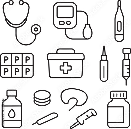 Home Medical Tools Line Art Icon Set.eps
