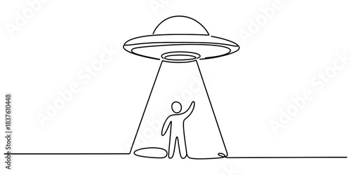 One line drawing of a ufo or flying saucer abducting a person with a light beam, isolated on continuous one line art of vector illustration