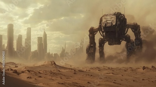 Futuristic Mech Walker in a Desert Wasteland with Cityscape.