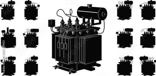 Large Three-Phase Electrical Power Distribution Transformer Blueprint Diagram Vector Illustration for Energy Generation Transmission and Industrial High-Voltage Electricity Supply Systems 