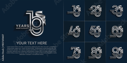 Anniversary logo style double line number set. silver color and ribbon for celebration event