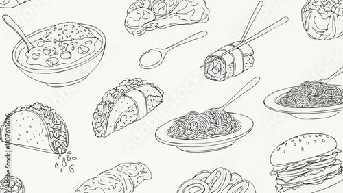 Hand-drawn sketch of various delicious food items, including tacos, pasta, and burgers, arranged in a seamless pattern.