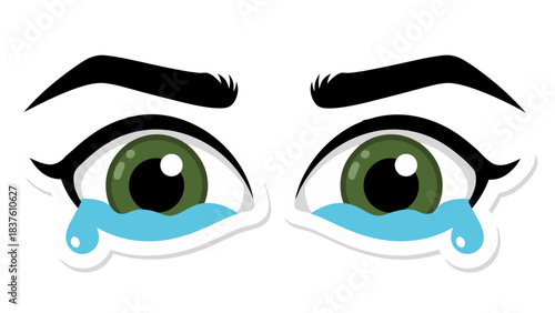 Close Up of Green Eyes Crying Blue Tears on a Black Background with White Eyelashes and Eyebrows Conveying Sadness and Emotion