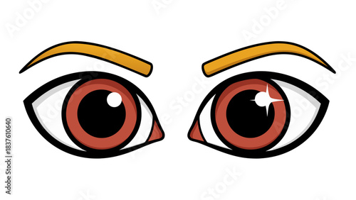 Close up of expressive brown eyes with bright white highlights and golden eyebrows against a stark black background conveying intense focus and awareness