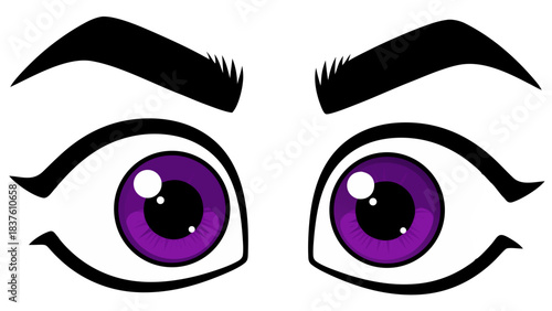 Close up of two cartoonish purple eyes with wide pupils and white sclera against a stark black background capturing a sense of surprise or intense focus