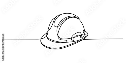 Minimalist continuous line drawing of a construction safety hard hat, isolated on continuous one line art of vector illustration