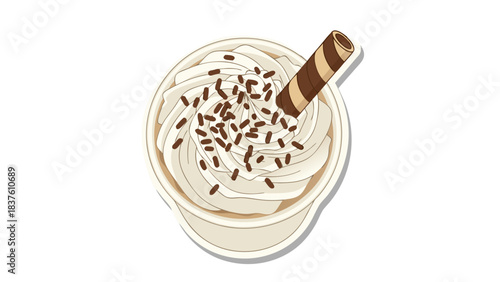 Close Up Overhead View of a Delicious Creamy Dessert Topped with Whipped Cream Chocolate Shavings and a Wafer Cookie Stick Against a Stark Black Background