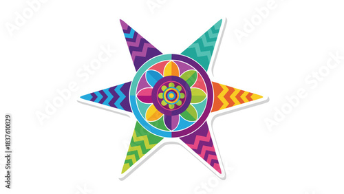 Colorful Star Shaped Pinata With Geometric Patterns And A Floral Centerpiece Against A Black Background Festive Celebration Symbol