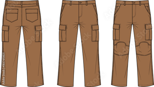 Men's Tactical Cargo Pants Technical Flat Drawing Vector Illustration with Front Back and Knee Reinforcement Views for Fashion Design Apparel Template and Production Specification