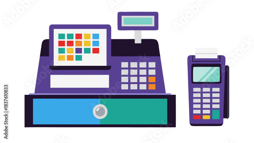 Colorful Vintage Cash Register and Modern Payment Terminal Illustration on Black Background Vibrant and Retro Digital Transaction Devices for Retail and Business Transactions