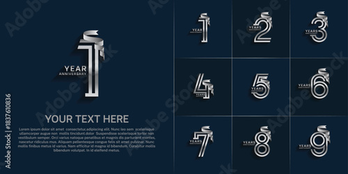 Anniversary logo style double line number set. silver color and ribbon for celebration event