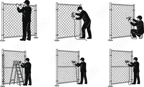 Professional worker installing chain link fence security boundary perimeter barrier at construction site job safety protection maintenance repair