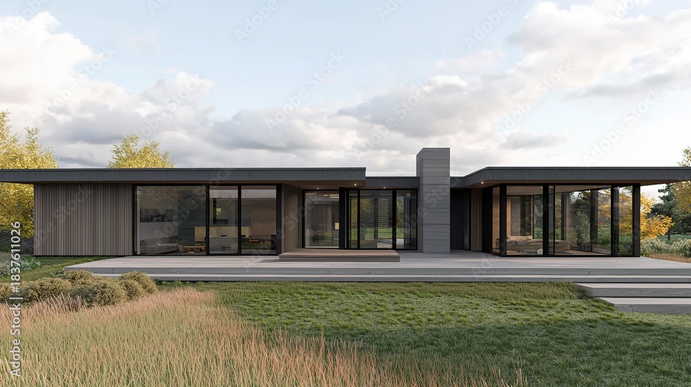Obraz premium A modern, minimalist house features expansive glass windows, surrounded by lush greenery and a serene landscape.